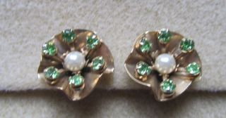 Vintage Gold Tone Clip On Flower Earrings With Green Rhinestones And Faux Pearls