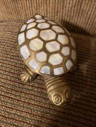 Vintage Brass Turtle Inlay Shell Hinged Trinket Jewelry Box Mother Of Pearl