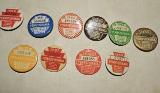 10 Vintage Pennsylvania Fishing Licenses Pin Back Badge 1950 To 1959