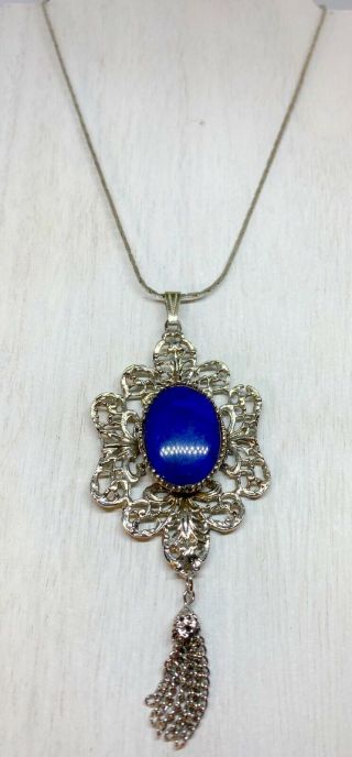 Vintage Silvertone Filigree Faux Blue Lapis Tassel 4” Pendant Necklace 15”