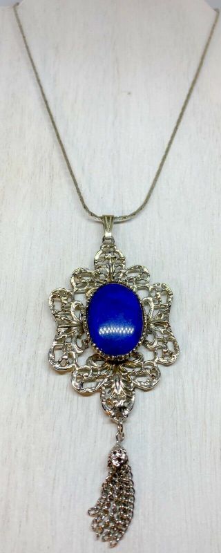 Vintage Silvertone Filigree Faux Blue Lapis Tassel 4” Pendant Necklace 15” 2