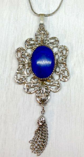 Vintage Silvertone Filigree Faux Blue Lapis Tassel 4” Pendant Necklace 15” 3