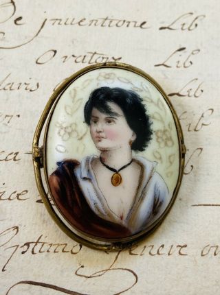 Portrait Porcelain Hand Painted Brooch Of Young Boy Napoleon Antique