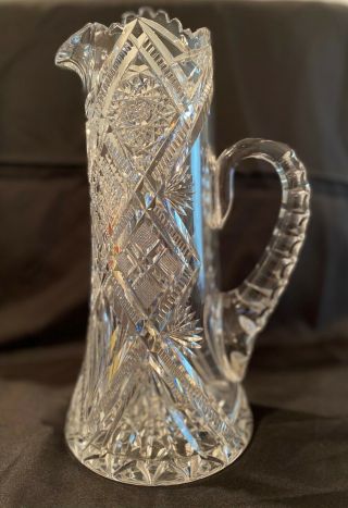 Antique American Brilliant Period Cut Glass 11 " Pitcher Stein - Hobstar Design