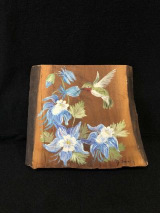 Vintage Hummingbird Flowers Handpainted Wood Plaque J.  Fahrney