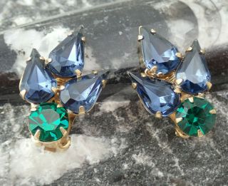 Vintage Montana Blue Emerald Green Crystal Flower Gold Tone Clip Earrings