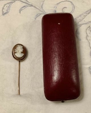 Vintage / Antique Victorian 10k Yellow Gold Cameo Stick Pin With Case 2.  8 Grams