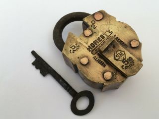 Old Antique Lock Solid Brass Copper Padlock With Key Honesty 5 Lever Collectible