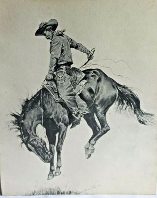 Rare Vintage Signed Frederic Remington Lithograph Cowboy Bucking Branco