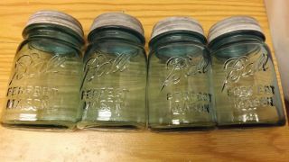 (4) Vintage Pint Aqua Blue Perfect Mason Canning Jars With Zinc Lids