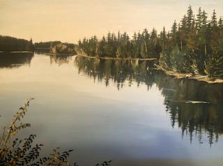 Vintage Oil Painting Lake Landscape Pine Tree Rustic Wood Frame 16 X 20