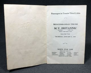 White Star Line Cruise M.  V.  Britannic 1931 Passenger List Booklet Ephemera Ship 2