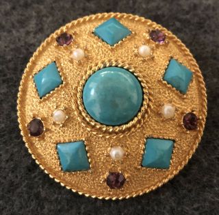 Vintage Victorian Revival Brooch Gold Tone Faux Pearls Turquoise Rhinestones