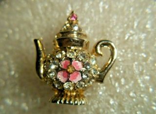 Vintage Coro Gold Tone Enamel And Rhinestone Tiny Teapot Brooch