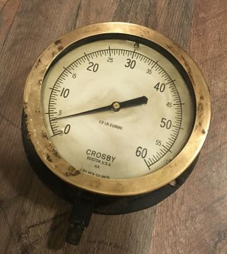 Antique Vintage Steam Pressure Gauge Crosby Brass Bezel 7 Dia Mining Compressor