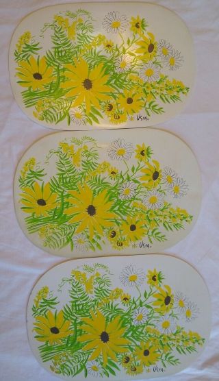 Set Of 3 Vintage Vera Neumann Placemats Vinyl Oval Yellow Sunflowers 18 " X 12 "