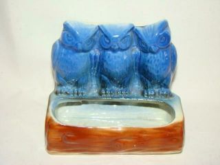 Adorable Vintage 3 Owl Pottery Pocket Planter,  Cobalt Blue Log Vase