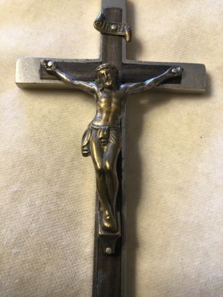 Antique French Crucifix Jesus Christ Corpus Christi Cross Pectoral 5” Metal Wood
