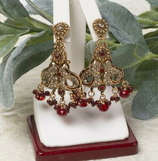 Vintage 1990s Red Crystal Clear Rhinestone Statement Dangle Pierced Earrings