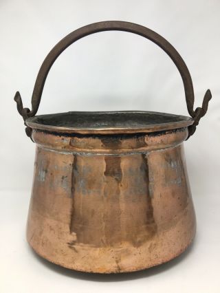Antique Hammered Copper Pot Cauldron Kettle Wrought Iron Bale Handle - 9” X 13”