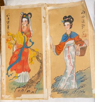 2 Vintage Asian Silk Paintings Both Have Been Removed From Frames Art Geisha