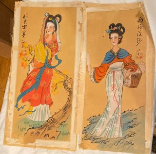 2 VINTAGE ASIAN SILK PAINTINGS BOTH HAVE BEEN REMOVED FROM FRAMES ART GEISHA 2