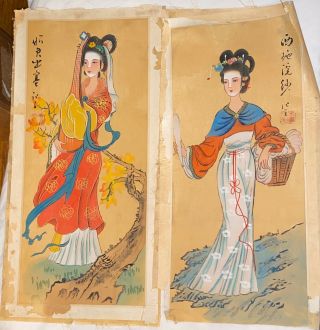 2 VINTAGE ASIAN SILK PAINTINGS BOTH HAVE BEEN REMOVED FROM FRAMES ART GEISHA 3