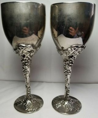 2 Vintage Godinger Silver - Plate Goblet Wine Glasses Grape Embossed Stem 7.  5”