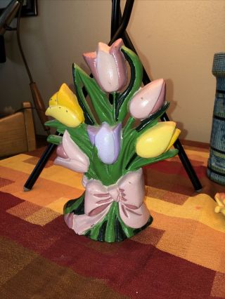 Antique Cast Iron Doorstop Hubley War Tulip Painted Flower Basket