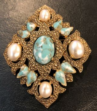 Vintage Sarah Coventry Remembrance Faux Turquoise And Faux Pearl Cabochon Pin
