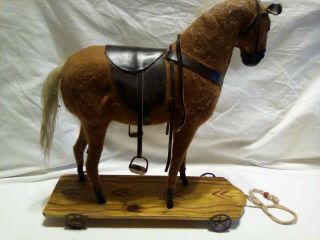 Antique Large Horse Pull Toy On Wheeled Platform - Unknown Maker