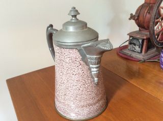 Ten Inch Antique Enameled Coffee Pot With Pewter Trim
