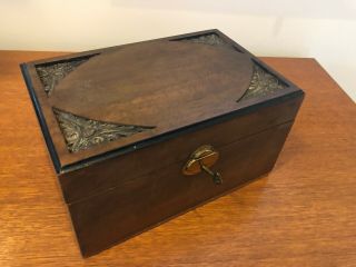 Antique Austrian Court Boxes Carved Wood Jewelry Box W/ Brass Key,  Satin Lining