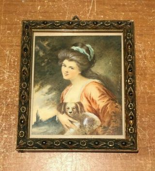 Antique 18 - 19th C.  Signed Miniature Painting Of Lady Holding Spaniel Dog Framed