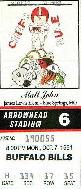 Ticket Football Kansas City Chiefs 1991 10/7 Buffalo Bills Jim Kelly Hof