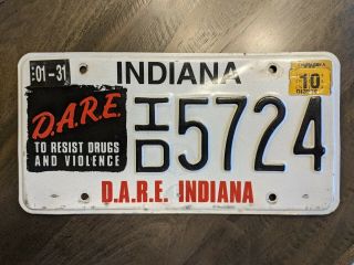 2010 Indiana " D.  A.  R.  E.  " License Plate - Resist Drugs & Violence -