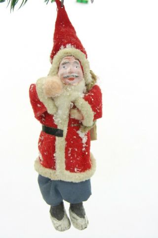 Vtg Antique Spun Cotton Clay Face Felt Suit Santa W Leg Christmas Ornament Japan
