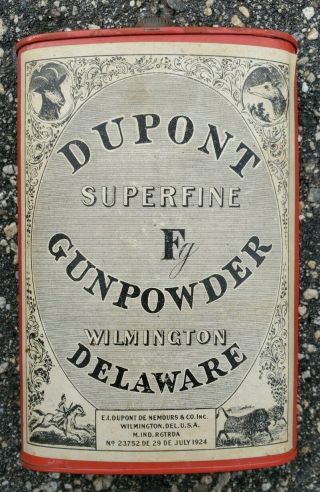 Antique 1924 Empty Dupont Superfine Gunpowder Tin 1 Pound