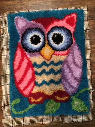 Vintage Owl Latch Hook Completed Rug Wall Hanging Decor 27” X 20 " Handmade