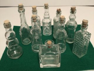 10 Vintage Assorted Clear Glass Bottles With Corks 1 - 3”,  9 - 5” To 5 1/2”