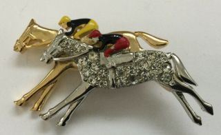 Vintage Jockey Horse Racing Pin Brooch With Rhinestones,  Gold Tone & Silver Tone