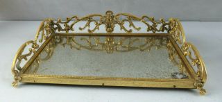 Antique Gold Brass Mirrored Vanity Perfume Dresser Tray Mid Century Victorian