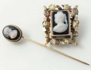 Antique Victorian Gold Filled Hard Stone Cameo Mourning Locket & Stick Hat Pin