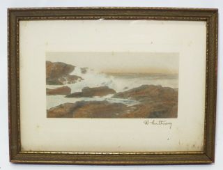 Small Antique Wallace Nutting Hand Tinted Crashing Seascape Photograph - Signed -