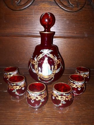 Antique Ruby Red Glass Liquor Decanter W 6 Shot Glasses W Motif Czech Bohemian