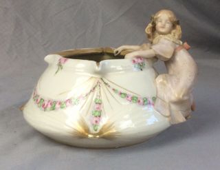 Antique Amphora Turn Teplitz Austrian Porcelain Pottery Bowl Girl Figurine