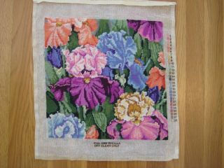 Vintage 1996 Bucilla Iris Floral Wool Needlepoint Pillow Or Picture To Finish