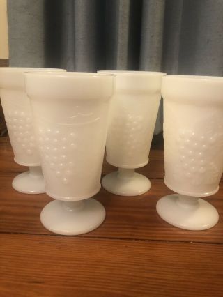 Set Of 4,  Vintage White Milk Glass Footed Goblets,  Leaves And Grape Pattern