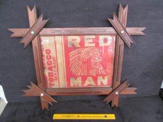 Antique Red Man Tobacco Cardboard Advertising & Porcelain Adirondack Frame