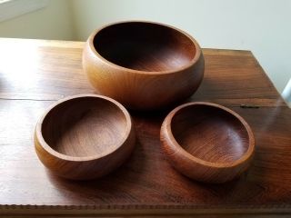 Vintage 3 Piece Hand Crafted Teak Wood Thailand Salad Bowl Set